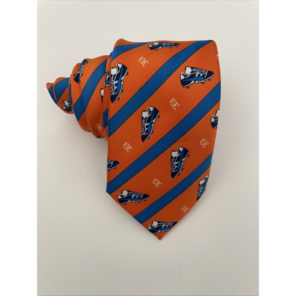 Tommy Hilfiger Tie‎ 100% Polyester Orange Blue Cleat Pattern 53 1/4"